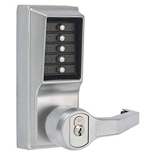 Kaba Simplex L1000 Series Metal Mechanical Pushbutton Cylindrical Lock with Lever, Key Override, 13mm Throw Latch, Floating Face Plate, 70mm Backset, R/C Sargent, Core Not Included, Satin Chrome Finish, Right Hand